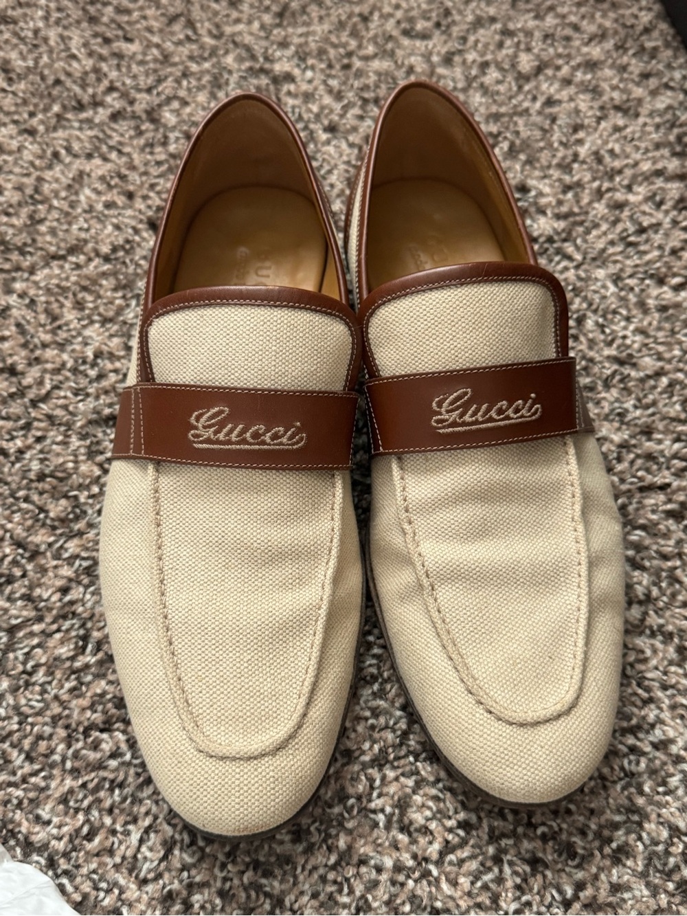 Gucci Men’s Cream Canvas and Brown Leather Loafers39